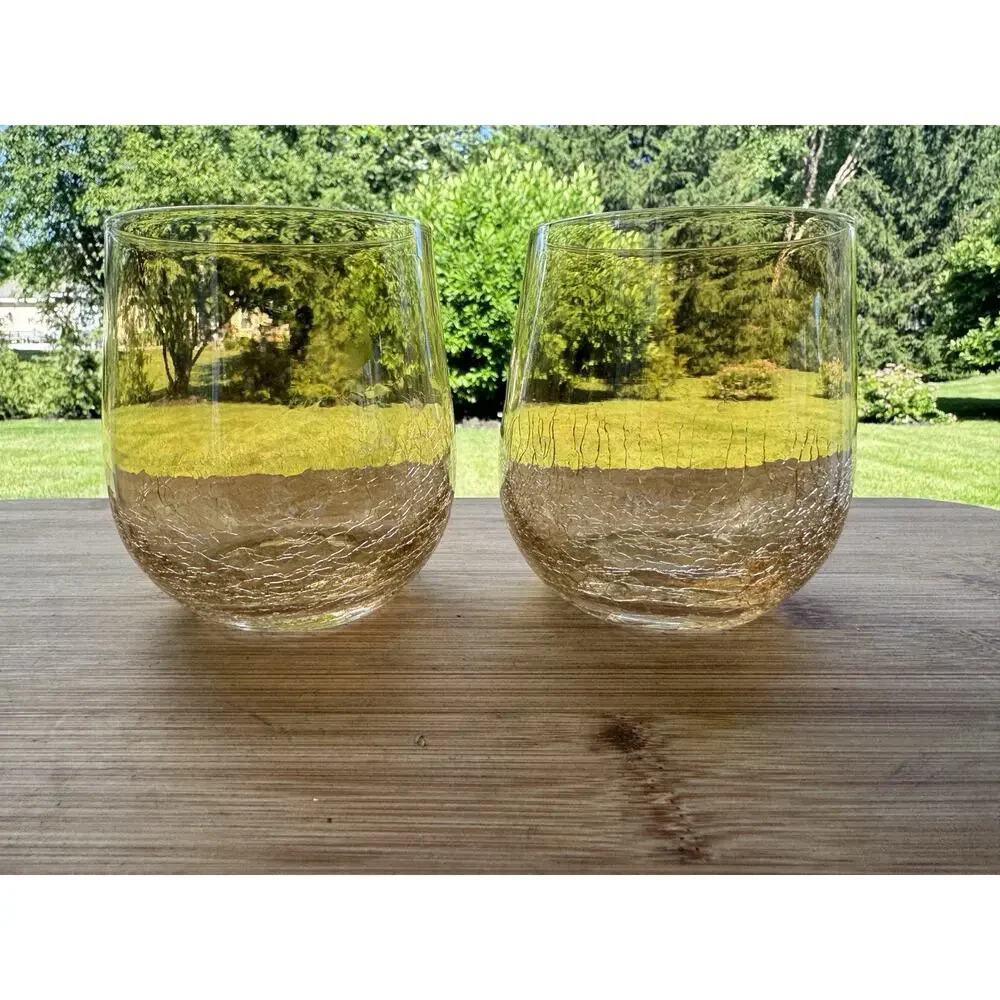 Pier 1 Amber Crackle Golden Luster Stemless Wine / Lowball Tumbler Glass~ 2 Pc